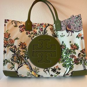 Tory Burch Floral Green and White Nylon and Leather Ella Tote